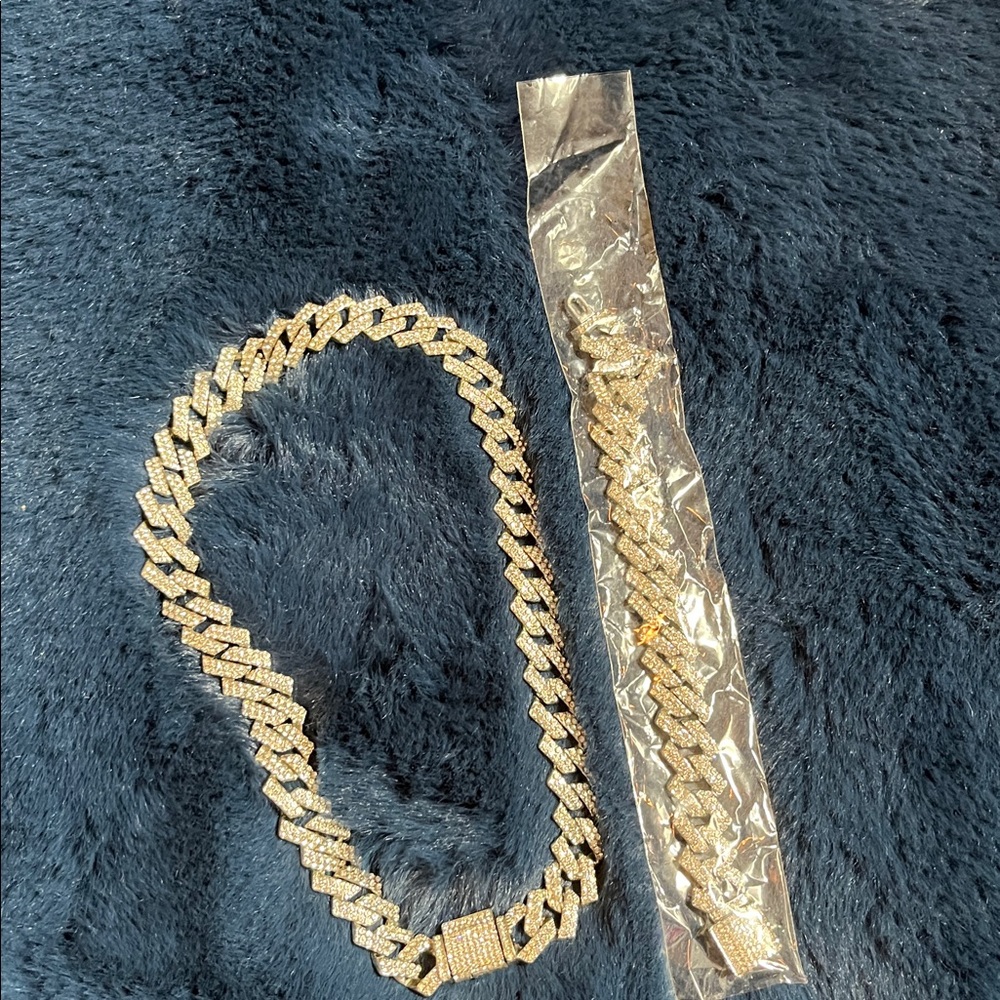 Silver Iced Out Cuban Link Chain and bracelet set